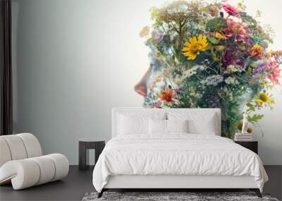 Human mind adorned with a floral brain on a white background. Wall mural