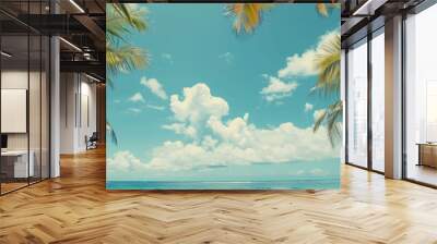 Idyllic tropical island background with palm trees border. Wall mural