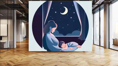 Illustration of a sad mother and baby resting on a bed, eyes closed, against a backdrop of a starry night sky. Depicting the struggles of postpartum. Generative AI Wall mural