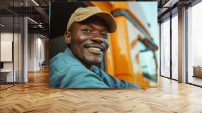 Joyful truck driver taking break from road. Professional occupation and lifestyle. Wall mural