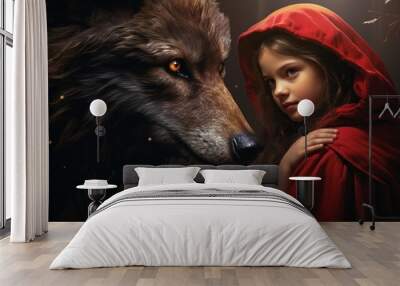 Little girl in red cloak facing large wolf in mystical forest. Fairy tale theme. Wall mural