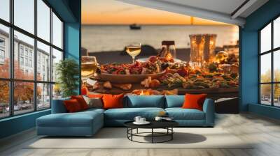 Luxurious Christmas dinner on a yacht, elegant table setting, and festive atmosphere by the sea. Wall mural