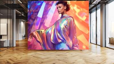 Mesmerizing portrait of a woman draped in iridescent fabric against vibrant geometric patterns. Wall mural