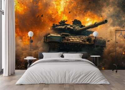 Military tank in action with explosion and fire. Warfare and combat power display. Wall mural