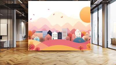 Minimalistic autumn cityscape with buildings, hills, and trees in geometric flat style, ideal for banner. Wall mural