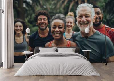 Mixed-age group smiling after exercising, community health and wellness concept. Wall mural