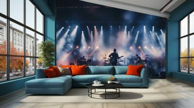 Musician silhouette performing on stage with drum set and lights. Live concert and entertainment. Banner. Wall mural