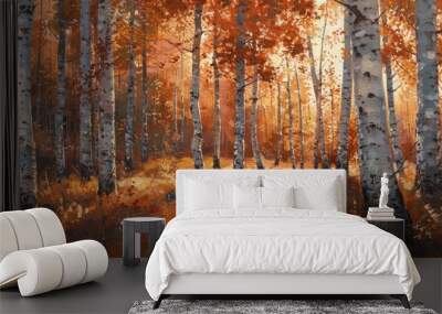 Oil painting of a birch forest at sunset inviting viewers to changing seasons Wall mural