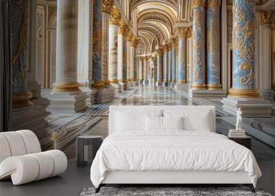 Ornate baroque style corridor with marble floors and gilded columns, demonstrating luxury architecture and interior design. Grandeur and opulence in architectural design. Wall mural