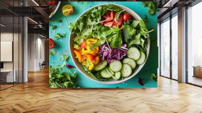 Overhead shot of a colorful salad bowl filled with various fresh vegetables on a vibrant green background. Wall mural