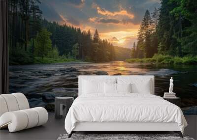 Peaceful river in forest at sunset with gold and pink sky. Wall mural