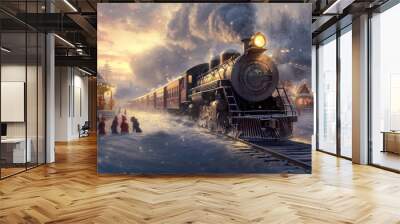 Polar Express journey through snow, steam engine, and festive decorations. Wall mural