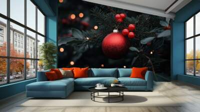 Red Christmas ornament hanging on tree, festive holiday decoration Wall mural