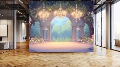 Romantic garden archway with chandeliers, surrounded by lush greenery and blooming flowers. Wall mural