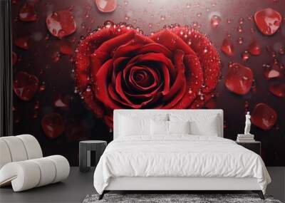 Single red rose with water droplets on dark background. Romance and valentine. Wall mural