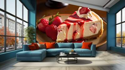 Slice of strawberry cheesecake on wooden table. Piece of cake. Generative AI Wall mural