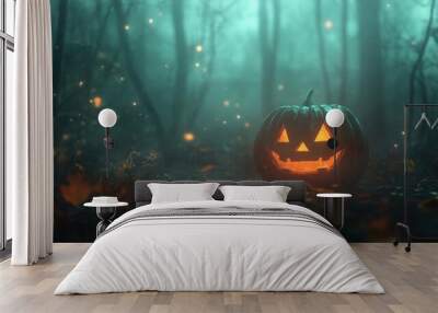 Spooky Halloween jack-o-lantern glowing in misty forest with autumn leaves Wall mural