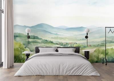 Stunning watercolor mountains and trees. Nature landscape in artistic style. Wall mural