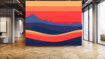 Sunrise desert flat minimalistic illustration with warm and vibrant colors. Wall mural