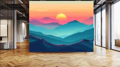 Sunrise mountain illustration, peaceful and inspiring graphic design. Wall mural