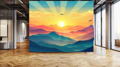 Sunrise over mountains illustrated in a flat style, showcasing a scenic view. Wall mural