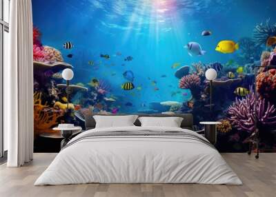 Swirling school of fish amidst thriving and diverse coral formations, Underwater photography and sea exploration. Wall mural