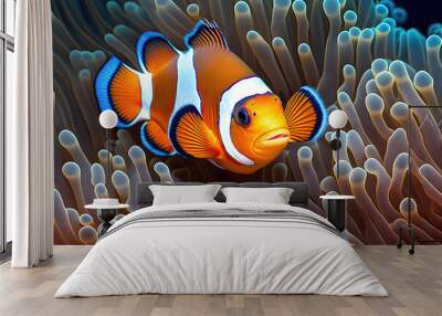 Tropical fish clownfish swimming over a coral reef with anemones. Generative AI Wall mural