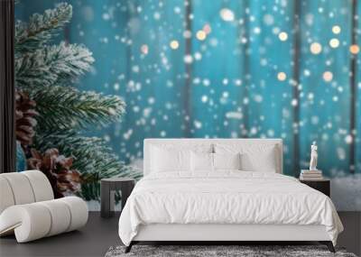 Turquoise banner with snowy wood and message space. Holiday-themed design. Banner. Wall mural