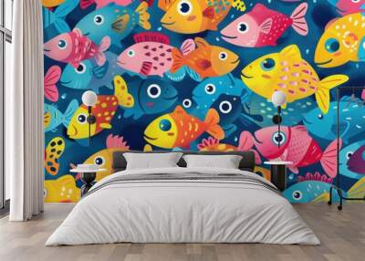 Vibrant cartoon fish swimming together, ideal for underwater-themed designs and wallpapers. Wall mural