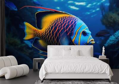 Vibrant tropical angel fish with brilliant colors, surrounded by marine flora. Close-up of a strikingly colored tropical fish in a deep blue marine setting. Wall mural