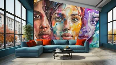 Vibrant watercolor art depicting unity in diversity among people, celebrating multiculturalism. Wall mural