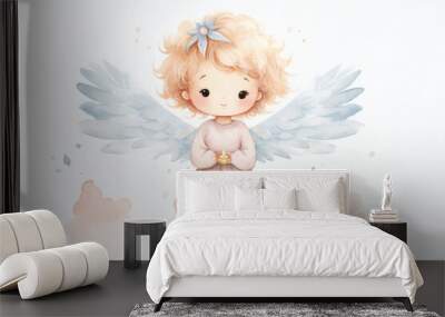 Watercolor depiction of angel with flowers in hair, bouquet in hand. Art and creativity. Wall mural