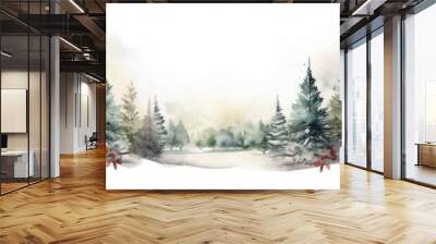 Watercolor style snowy forest with Christmas trees. Winter nature illustration. Concept of joyful holiday season. Wall mural