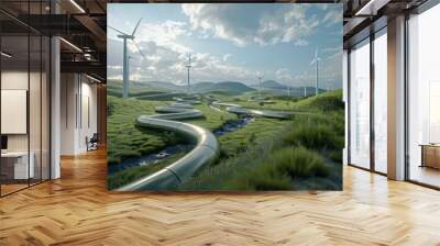 Wind turbines generating clean renewable energy in lush green landscape with modern pipelines. Sustainable development and environmental conservation. Wall mural