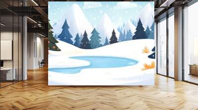 Winter landscape with snow drifts, frozen pond, and evergreen trees Wall mural