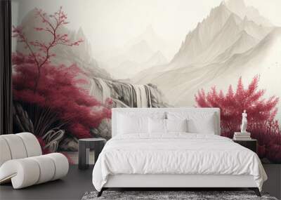 Beautiful Japanese art, red flowers in foreground, heavy mist around distant mountains in background. Wallpaper/desktop/background, generative ai, digital art Wall mural