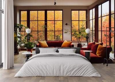 Cozy living room in autumn colours, digital art Wall mural