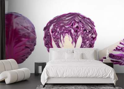 Whole and slices red cabbage isolated on white background Wall mural