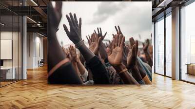 a crowd of people raised their hands to the sky, a collective prayer to God generative ai Wall mural