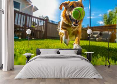 dog on a green lawn playing with a ball generative ai Wall mural