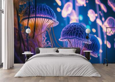 exotic shining jellyfish underwater wonderful world Generative AI Wall mural