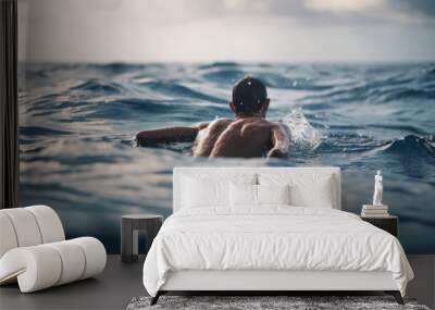 man in the water swims in the open ocean sea generative ai Wall mural