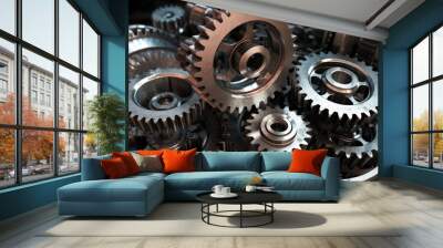 mechanical silver gold gears background generative ai Wall mural