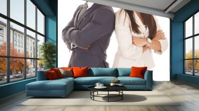 business man and woman stand back to back serious Wall mural