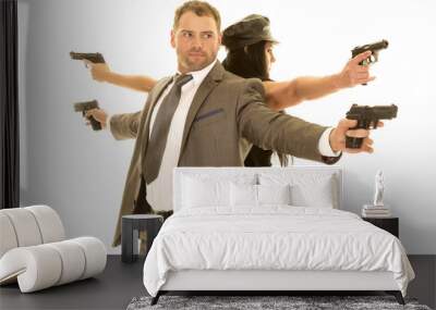 couple back to back guns pointing out Wall mural