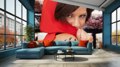 woman red cape tattoo claw hide face Wall mural