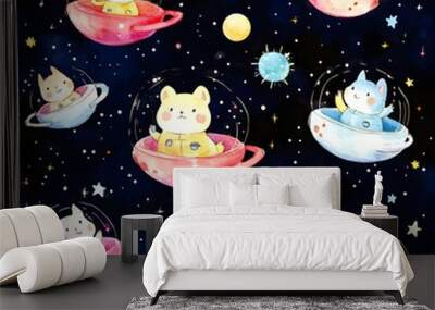 Cute Cats In Space Watercolor Pattern Wall mural