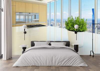 Modern Kitchen Interior with City View and Potted Plant Wall mural