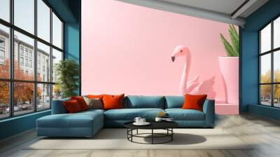 small green cactus plant and flamingo bird Wall mural