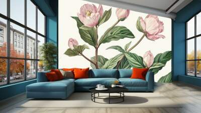 A beautiful illustration of pink flowers and green leaves, showcasing nature's elegance and botanical artistry. Wall mural